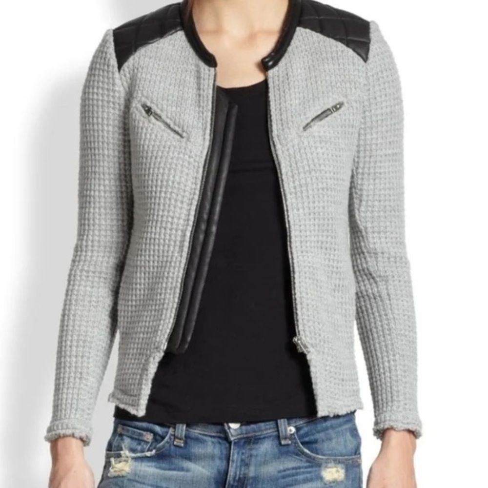 Iro Long Sleeve Ceylona Knit Leather Trim Zip Up Jacket Gray Women's FR 38 /US 6